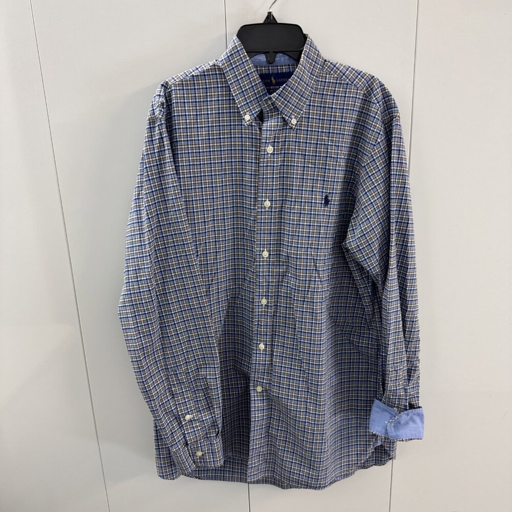 Ralph Lauren Men M‎ Long Sleeve Button Down Plaid Brown Blue Cotton Stretch